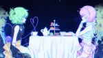  2girls alternate_costume black_bow black_shirt blue_shirt blurry bow chair commentary cup depth_of_field english_commentary eye_contact food food_request from_side gloves green_eyes green_hair hair_bow heart heart_of_string highres komeiji_koishi komeiji_satori looking_at_another macaron multiple_girls on_chair pink_eyes pink_hair saucer shirt short_hair siblings simple_background sisters sitting sleeveless sleeveless_shirt table takki_(takkiko) teacup tiered_tray touhou touhou_hero_of_ice_fairy white_gloves 