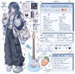  1girl :o allie_(ruii_10) bag baggy_pants belt black_pants blue_hair blue_jacket blue_nails blunt_bangs blush bubble_tea cargo_pants character_charm charm_(object) colored_eyelashes crop_top cup drinking_straw electric_guitar english_commentary english_text frills full_body grid_background guitar hair_intakes hair_over_shoulder highres holding holding_cup instrument ipad jacket jewelry long_hair midriff multicolored_jacket multicolored_shoes my_melody my_melody_(series) open_clothes open_jacket original pants pigeon-toed ring sanrio shirt shoes shoulder_bag sneakers solo stuffed_toy tablet_pc twitter_username two-tone_jacket two-tone_shoes white_bag white_belt white_shirt yellow_eyes 