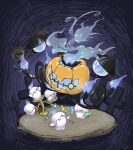  absurdres arms_up basket blue_fire candy chandelure closed_eyes commentary_request cross dzukeg0han evolutionary_line fire food halloween highres holding holding_basket lampent litwick pokemon pokemon_(creature) pumpkin_hat wrapped_candy yellow_eyes 