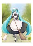  1girl absurdres apron aqua_eyes aqua_hair black_dress black_shoes border broom cat commentary day dress enmaided frilled_apron frills full_body hatsune_miku highres holding holding_broom long_hair long_sleeves looking_at_viewer maid maid_apron maid_day maid_headdress mary_janes moku_karen outdoors outside_border pantyhose shoes solo standing twintails untranslatable_commentary very_long_hair vocaloid white_apron white_border white_pantyhose 