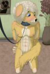 4_toes 5_fingers abs absurd_res anthro biped bite_mark blonde_hair blue_collar blue_eyes blurred_background blush blush_lines blushing_profusely bodily_fluids bound bruised brush canid canine canis carpet claws collar collar_only covering covering_crotch covering_erection covering_penis covering_self detailed detailed_background detailed_fur digital_media_(artwork) docki dog_ears dog_tail domestic_dog dominant dominant_female dripping duo embarrassed erection facial_markings feet female finger_claws fingers first_person_view floppy_ears fluffy fluffy_tail fur fur_markings genital_fluids genitals hair hands_behind_back hands_tied head_markings hi_res hickey high-angle_view humanoid_genitalia humanoid_penis kind_cute_horse leash leashed_collar leashed_male leashing_pov living_room looking_away looking_down male male/female male_anthro mammal markings multicolored_body multicolored_fur muzzle_(marking) navel nipples nude offscreen_character on_ground on_lap paws penis photo plant precum scratches seductive shy sitting_on_lap snout solo stoneonamoss submissive submissive_anthro submissive_male tail tail_motion tailwag toes tuft two_tone_body two_tone_fur two_toned_body vase white_body white_fur yellow_body yellow_fur