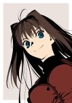 1girl aji_n aozaki_aoko blue_eyes breasts brown_hair commentary_request dress eyelashes highres long_hair looking_at_viewer looking_down mahou_tsukai_no_yoru red_dress shadow smile solo solo_focus turtleneck 