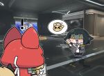  ! >_< 2girls :d animal_ears arknights arknights:_endfield beleullin black_hair black_jacket blindfold_mask blonde_hair blush cape chibi chibi_only commentary_request ears_through_headwear endministrator_(arknights) female_endministrator_(arknights) game_screenshot_background hair_brush highres holding holding_hair_brush holding_paper hood hood_up hooded_cape jacket korean_commentary long_hair low-tied_sidelocks mask medium_hair multiple_girls open_clothes open_jacket open_mouth outline paper paper_stack red_cape rossi_(arknights) screenshot_background shirt sidelocks smile speech_bubble tail white_outline white_shirt wolf_ears wolf_girl wolf_tail 