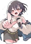  1girl absurdres bang_dream! bang_dream!_it's_mygo!!!!! blue_jacket blush brown_eyes collared_shirt commentary_request earrings grey_hair grey_skirt highres holding holding_microphone jacket jewelry kootee-on long_sleeves microphone open_clothes open_jacket open_mouth shirt short_hair simple_background single_earring skirt solo takamatsu_tomori white_background white_shirt 