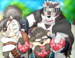  absurd_res accessory anthro blush candy canid canine canis chocolate dessert domestic_dog fighting_over_viewer food gift_box group headband hi_res horkeu_kamui_(tas) humor lifewonders male mammal moritaka muscular muscular_anthro muscular_male pecs samonaa2 shino_(housamo) tokyo_afterschool_summoners trio video_games wolf 
