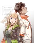  1boy 1girl artist_name back-to-back black-framed_eyewear black_bodysuit black_jacket bodysuit breasts brown_hair cleavage closed_mouth commentary_request covered_navel dark-skinned_male dark_skin dated eunie_(xenoblade) head_wings jacket long_hair open_clothes open_jacket orange_scarf scarf simple_background taion_(xenoblade) twitter_username uzumaki_(skydirt) watermark white_background white_jacket wings xenoblade_chronicles_(series) xenoblade_chronicles_3 