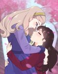  2girls black_hair blush brown_hair closed_eyes commentary_request couple curled_ends day dress english_commentary falling_petals fingernails from_side glass_no_kamen grin hairband hands_on_another's_back head_down highres himekawa_ayumi hug jewelry kitajima_maya laura_(wisteriamemory_) lifting_person long_hair long_sleeves looking_at_another looking_down mixed-language_commentary motion_lines multiple_girls mutual_hug nail_polish outdoors petals pink_petals profile purple_dress purple_eyes purple_nails red_nails red_sweater ring smile sweater wife_and_wife yellow_hairband yuri 
