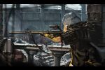  aiming armband assault_rifle black_gloves black_jacket blunt_bangs closed_mouth eyepatch girls'_frontline gloves gun gun_sling handrail highres holding holding_weapon hood hooded_jacket jacket long_hair long_sleeves looking_to_the_side m16 m16a1 m16a1_(boss)_(girls'_frontline) m16a1_(girls'_frontline) multicolored_hair red_ribbon reflex_sight ribbon rifle roughycolor ruins solo suppressor telescope weapon white_hair yellow_armband yellow_eyes 
