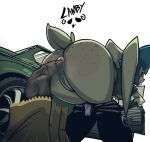 anthro anus bent_over blue_eyes blue_hair bottomwear bottomwear_down butt car clothed clothing feces feces_in_ass female freckled_butt freckles genitals hair hi_res lagomorph leporid mammal pants pants_down partially_clothed pooping pooping_in_bag pooping_in_container rabbit rammylamb reddened_butt solo teeth underwear underwear_down vehicle vulva