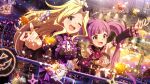  2girls :d ;d ahoge arm_up black_dress blonde_hair bow bowtie brown_eyes candy card_commentary coin commentary_request concert curtained_hair detached_sleeves dress food game_asset green_eyes hakozaki_serika halloween hat high_ponytail idol idolmaster idolmaster_million_live! idolmaster_million_live!_theater_days long_hair mini_hat mini_witch_hat multiple_girls nikaido_chizuru official_alternate_costume official_alternate_hair_color official_art one_eye_closed open_mouth pink_hair ponytail purple_bow purple_bowtie purple_trim smile third-party_source twintails witch_hat wrapped_candy 
