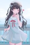  1girl absurdres beret black_hair blue_dress brown_eyes closed_mouth commentary_request day dress hat heart highres holding_own_dress idolmaster idolmaster_shiny_colors long_hair mayuzumi_fuyuko nail_polish outdoors pink_nails powder_is_kona railing red_ribbon ribbon sailor_collar sailor_dress solo two_side_up white_hat white_sailor_collar 