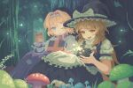  02charaice20 2girls :d ;d absurdres alice_margatroid apron black_hat black_skirt black_vest blonde_hair blue_dress blue_eyes blush book bow braid capelet commentary doll dress english_commentary forest grimoire grimoire_of_alice hair_bow hairband hat hat_bow highres kirisame_marisa long_hair multiple_girls mushroom nature one_eye_closed open_mouth outdoors pixel_art puffy_short_sleeves puffy_sleeves shanghai_doll short_sleeves side_braid single_braid sitting skirt smile star_(symbol) touhou tree very_long_hair vest waist_apron white_apron white_bow white_capelet witch_hat yellow_eyes 