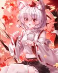  1girl :d absurdres animal_ears autumn_leaves black_skirt blush breasts chinese_commentary commentary_request detached_sleeves falling_leaves fang frilled_skirt frills grey_hair hat highres inubashiri_momiji leaf looking_at_viewer medium_breasts medium_hair miniskirt open_mouth paw_pose pom_pom_(clothes) red_eyes red_hat ribbon-trimmed_sleeves ribbon_trim skin_fang skirt smile solo tail thighhighs tokin_hat top-exerou touhou white_thighhighs wolf_ears wolf_girl wolf_tail 