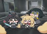  3girls :d animal_ear_fluff animal_ears arknights arknights:_endfield beleullin black_hair black_jacket blonde_hair blue_horns blue_tail blush brown_eyes cape chen_qianyu_(arknights) chibi chibi_only closed_eyes commentary_request dragon_horns dragon_tail dress endministrator_(arknights) fang female_endministrator_(arknights) flying_sweatdrops game_screenshot_background highres horns jacket korean_commentary long_hair low-tied_sidelocks medium_hair multiple_girls no_hood open_clothes open_jacket open_mouth outline red_cape rossi_(arknights) screenshot_background sidelocks sitting skin_fang smile speech_bubble tail triangle_mouth twintails white_dress white_outline wolf_ears wolf_girl wolf_tail 