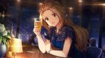  1girl blue_dress bracelet brown_hair card_commentary champagne_flute city commentary_request cup dress drinking_glass earrings game_asset green_eyes holding holding_cup idolmaster idolmaster_million_live! idolmaster_million_live!_theater_days indoors jewelry long_hair looking_at_viewer night nikaido_chizuru official_alternate_hairstyle official_art restaurant sitting solo_focus third-party_source 