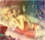  0x0023 2girls aqua_eyes black_hair blonde_hair christmas closed_eyes commentary couch dress highres indoors kohinata_miku looking_at_another multiple_girls off-shoulder_dress off_shoulder on_couch parted_lips red_dress santa_costume santa_dress senki_zesshou_symphogear short_hair smile tachibana_hibiki_(symphogear) untranslatable_commentary your_present_is_me yuri 
