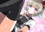  1girl animal_ears black_buruma black_hairband black_thighhighs blush bow breasts buruma closed_mouth commentary_request curren_chan_(umamusume) ear_bow ear_covers grey_hair gym_shirt hair_between_eyes hairband heart highres horse_ears horse_girl irorian looking_at_viewer original_race_uniform_(umamusume) purple_eyes race_bib red_bow shirt short_hair short_sleeves smile solo sparkle thighhighs thighs umamusume white_shirt 