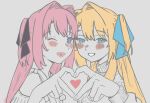  2girls black_ribbon blonde_hair blue_ribbon blush commentary dual_persona english_commentary greyscale hair_intakes hair_ribbon heart heart_hands heart_hands_duo heart_in_heart_hands heart_in_mouth highres kamiina_botan kamiina_botan_(manga_design) kamiina_botan_yoeru_sugata_wa_yuri_no_hana lbud monochrome morinoritoriori multiple_girls one_eye_closed open_mouth pink_hair ribbon spot_color two_side_up 