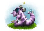  bird bird_on_tail book bug butterfly commentary_request day nidoking no_humans open_book outdoors pidove pokemon pokemon_(creature) pokemon_focus reading shuuten sitting sleeping starly swablu zzz 