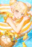  1girl animal bare_arms bare_shoulders bikini bird blonde_hair character_request double_bun duck flower green_eyes hair_bun hair_flower hair_ornament highres huion innertube looking_at_viewer open_mouth partially_submerged pino_ko solo swimsuit water white_flower yellow_bikini 