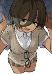  1girl absurdres brown_shorts brown_sweater collared_shirt commentary_request dress_shirt girls_band_cry green_eyes hair_between_eyes highres implied_yuri kootee-on long_hair_between_eyes multicolored_hair open_mouth roots_(hair) rupa_(girls_band_cry) shirt short_hair shorts simple_background solo sweater textless_version white_background white_shirt 