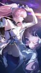 2girls aemeath_(wuthering_waves) aemeath_(young)_(wuthering_waves) arm_up bare_shoulders black_shorts breasts chinese_commentary chromatic_aberration closed_mouth commentary_request dress dual_persona elbow_gloves gloves hair_ornament highres huang_(pixiv3580877) leotard long_hair long_sleeves medium_breasts mixed-language_commentary multiple_girls orange_eyes parted_lips pink_hair ponytail shorts split_theme strapless strapless_leotard white_dress white_gloves white_leotard wuthering_waves 