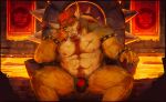 2_horns abs anthro areola arm_hair armband armpit_hair barazoku beard belly_hair biceps biped black_clothing black_underwear bodily_fluids body_hair bowser bracelet breath bulge chair chest_hair chest_scar claws clothed clothing collar countershading detailed detailed_background eyebrows facial_hair fanofthefurr fingers front_view furniture green_body hair hairy happy_trail hi_res horn inside jewelry koopa lava looking_at_viewer male male_anthro mario_bros multicolored_body multicolored_scales muscular muscular_anthro muscular_male musk narrowed_eyes navel nintendo nipples pecs pink_nipples pubes red_eyebrows red_eyes red_hair red_nipples scales scalie scar shell sitting solo spiked_armband spiked_bracelet spiked_collar spiked_shell spikes spikes_(anatomy) spread_legs spreading sweat tail tan_body tan_countershading tan_scales teeth thick_eyebrows thong throne topless topless_anthro topless_male underwear white_horn yellow_body yellow_eyes yellow_scales