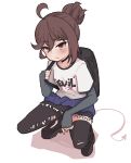  1girl :< absurdres ahoge alternate_costume bag black_bag black_choker black_shoes black_thighhighs brown_hair choker closed_mouth commentary demon_tail elbow_gloves evil_neuro-sama from_above from_side full_body gloves grey_gloves hair_between_eyes hair_bun highres jacket long_hair miniskirt partially_fingerless_gloves platform_shoes purple_jacket red_eyes risonakamo shirt shoes simple_background single_hair_bun skirt squatting tail thighhighs torn_clothes torn_thighhighs vedal_ai virtual_youtuber white_background white_shirt 