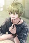  1boy amami_rantaro amatsuji antenna_hair bishounen bracelet collarbone commentary danganronpa_(series) danganronpa_v3:_killing_harmony ear_piercing earrings eyelashes green_eyes green_hair hair_between_eyes highres holding holding_earrings holding_jewelry jewelry light_particles looking_at_viewer male_focus multiple_bracelets multiple_piercings multiple_rings necklace open_mouth piercing ring shirt short_hair sitting solo striped_clothes striped_shirt upper_body vertical-striped_sleeves 