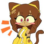 1:1 anthro black_outline blush blush_stickers bob_cut breasts brown_body brown_hair brown_tail clothed clothing digital_media_(artwork) domestic_cat eyelashes eyewear eyewear_on_head felid feline felis female fur gameoverse glitch_productions goggles goggles_on_head hair hi_res kit_(gameoverse) looking_at_viewer mammal outline sidelocks simple_background smile solo tail toony whiskers white_background zoskylicious