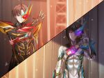  1boy 1girl armor black_bodysuit black_hair bodysuit brown_hair exdreamrise_capsem henshin_pose highres kamen_rider kamen_rider_zeztz kamen_rider_zeztz_(series) kamen_rider_zeztz_exdream looking_at_viewer lord_invoker lord_six miyamoto_kureha multicolored_bodysuit one_eye_covered open_hand red_eyes reiei_8 rider_belt shoulder_armor spikes tokusatsu transformation upper_body white_bodysuit yorozu_baku zeztz_exdream_driver 