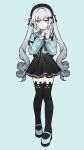  1girl 25-ji_miku :o aqua_shirt beret black_hat black_ribbon black_skirt black_thighhighs blue_background blue_eyes blue_shoes blunt_bangs commentary_request dot_nose drill_hair eyes_visible_through_hair full_body gradient_hair grey_hair hair_intakes hair_ribbon hands_up hat hatsune_miku heterochromia high-waist_skirt highres interlocked_fingers kuromi long_hair long_sleeves mary_janes miniskirt multicolored_hair my_melody_(series) pink_eyes plaid_clothes plaid_shirt project_sekai ribbon sanrio shirt shoes sidelocks simple_background skirt solo striped_clothes striped_skirt suspender_skirt suspenders suspenders_slip thighhighs two-tone_ribbon two-tone_skirt vertical-striped_ribbon waka_(wk4444) 