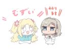  2girls :d artist_collaboration blonde_hair blue_eyes blue_hoodie cardigan ceras_yanagida_lilienfeld ceras_yanagida_lilienfeld_(summer_loungewear) chibi chibi_only commentary_request dress fang flower full_body grey_hair hair_flower hair_ornament hair_ribbon haz hood hood_down hoodie jitome long_hair looking_at_another love_live! love_live!_hasu_no_sora_jogakuin_school_idol_club multiple_girls open_cardigan open_clothes open_mouth osawa_rurino osawa_rurino_(winter_loungewear) pants parted_bangs pink_flower pink_ribbon ribbon skin_fang smile translation_request twintails virtual_youtuber watage_modoki white_cardigan white_dress 