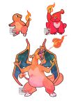  charizard charliegrins charmander charmeleon claws closed_mouth evolutionary_line fangs fire flame-tipped_tail full_body highres no_humans open_mouth pokemon pokemon_(creature) signature simple_background tail white_background 