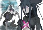  1girl ametarou_910 black_hair blue_eyes breast_curtains commentary_request grey_lips hair_between_eyes headgear highres hologram lamia_(npc)_(pgr) lamia_(pgr) long_bangs long_hair mechanical_tail merfolk mermaid monster_girl pale_skin punishing:_gray_raven purple_eyes ringed_eyes solo tail very_long_hair 