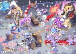  6+girls :3 :q american_flag_dress american_flag_legwear animal_ears arrow_(symbol) berusuke_(beru_no_su) black_dress black_hat black_jacket blonde_hair bloomers blue_dress blue_hair blush brown_hat chibi chibi_only chinese_clothes clownpiece commentary_request crescent_print cursor dalachi_(headdress) dress earclip earth_(planet) english_text fairy fairy_wings fake_screenshot fighting floppy_ears flower food gameplay_mechanics grin gun hair_between_eyes hat health_bar helmet holding holding_flower holding_gun holding_mallet holding_torch holding_weapon jacket jester_cap junko_(touhou) kedama_(touhou) kine long_hair long_sleeves lunatic_gun mallet mochi mochitsuki mortar_(bowl) multiple_girls on_moon open_mouth orange_shirt pink_hair pink_skirt planet polka_dot polka_dot_headwear power_item_(touhou) purple_hat rabbit_ears rabbit_girl red_eyes red_tabard reisen_(touhou_bougetsushou) reisen_udongein_inaba rifle ringo_(touhou) sandbag seiran_(touhou) shaded_face shirt shorts skirt smile star_(symbol) star_print striped_clothes striped_dress striped_shorts sunflower sunflower_fairy_(touhou) tabard tongue tongue_out torch touhou user_interface very_long_hair weapon white_bloomers white_skirt wide_sleeves wings yellow_flower yellow_shorts 