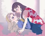  2girls bangs_pinned_back blonde_hair blue_dress blush bow bowtie commentary_request couple curtained_hair dress english_commentary eye_contact floral_print forehead girl_on_top glass_no_kamen grey_vest hairband highres himekawa_ayumi juliet_sleeves kitajima_maya laura_(wisteriamemory_) long_hair long_sleeves looking_at_another looking_at_viewer looking_down looking_up mixed-language_commentary multiple_girls pink_nails pink_shirt pleated_dress pleated_skirt print_skirt print_vest profile puffy_sleeves purple_eyes red_nails rose_print shirt short_sleeves side_part skirt vest white_skirt yellow_bow yellow_bowtie yellow_hairband yuri 