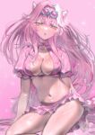  1girl alternate_costume animal_ears breasts crop_top emylimeneonight goggles goggles_on_head highres hololive hololive_english large_breasts looking_at_viewer miniskirt navel panther_ears panther_girl panther_tail pink-tinted_eyewear pink_shirt pink_skirt raora_panthera shirt skirt solo tail tinted_eyewear virtual_youtuber yellow_eyes 