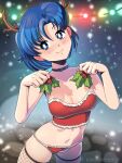  1girl alternate_costume antlers artist_name bikini bishoujo_senshi_sailor_moon black_choker blue_eyes blue_hair blurry blurry_background blush breasts bright_pupils choker christmas christmas_lights cleavage closed_mouth collarbone commentary curtained_hair earrings english_commentary fake_antlers fishnet_thighhighs fishnets from_above fur-trimmed_bikini fur_trim hands_up head_tilt highres holding holding_mistletoe horns jewelry kagato007 looking_to_the_side medium_breasts mistletoe mizuno_ami navel parted_bangs patreon_username red_bikini reindeer_antlers short_hair skindentation smile snowing solo standing stud_earrings swimsuit thighhighs variant_set watermark web_address white_pupils 