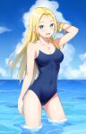  1girl a-fei_z absurdres blonde_hair blue_eyes blue_sky blue_swimsuit breasts cloud competition_school_swimsuit covered_navel day highres horizon jewelry kofune_ushio long_hair medium_breasts necklace outdoors school_swimsuit sky soaking_feet solo standing summertime_render swimsuit very_long_hair water 