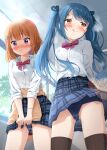  2girls blue_hair blush bow closed_mouth clothes_around_waist commentary_request long_hair mika_miche multiple_girls original plaid_clothes plaid_skirt pleated_skirt purple_eyes school_swimsuit school_uniform shirt skirt swimsuit swimsuit_under_clothes textless_version thighhighs tongue tongue_out twintails vibrator_under_swimsuit white_shirt 