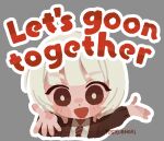  1boy :d artist_name blonde_hair blunt_bangs blush blush_stickers bright_pupils brown_cardigan cardigan chibi chibi_only collared_shirt commentary english_commentary grey_background long_sleeves male_focus medium_hair necktie open_cardigan open_clothes open_mouth outline red_eyes red_necktie saihate_eki shirt sidelocks simple_background smile solo sticker_(medium) tatsunami_shion tosteurmori watermark white_outline white_pupils white_shirt 