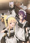  3girls absurdres apron bar_(place) black_bow black_bowtie black_dress black_ribbon blonde_hair blush bow bowtie breasts center_frills chair cho_kaguya-hime! choker closed_mouth colored_inner_hair commentary_request dress frilled_apron frilled_choker frills fushi_(cho_kaguya-hime!) gloves green_eyes grey_hair hair_ribbon hand_on_own_hip highres indoors inudoge jingulbi kaguya_(cho_kaguya-hime!) long_hair maid maid_headdress medium_breasts multicolored_hair multiple_girls open_mouth pink_hair ponytail red_eyes ribbon runami_yachiyo sakayori_iroha sidelocks twintails very_long_hair white_apron white_gloves white_wrist_cuffs wrist_cuffs 