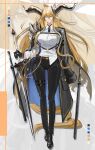  absurdres animal_ears arknights armor ascot asymmetrical_sidelocks belt black_ascot black_pants black_shoes blonde_hair coat commentary_request degenbrecher_(arknights) dress_shirt goat_ears goat_girl grey_coat highres holding holding_sword holding_weapon horns long_coat long_hair madana_gege open_clothes open_coat pants pauldrons shirt shoes shoulder_armor sidelocks single_pauldron sword tight_clothes tight_pants untucked_shirt wallet_chain weapon white_shirt 