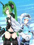  2girls armband armored_boots ass back-to-back black_panties blue_background blue_hair bodysuit boots breasts butt_crack commentary_request crop_top gauntlets green_hair green_heart_(neptunia) hair_tie hat headgear height_difference high_ponytail horns joney large_breasts long_hair looking_at_another looking_back mechanical_horns mechanical_wings multiple_girls neptune_(series) newsboy_cap next_green next_white panties ponytail power_symbol power_symbol-shaped_pupils purple_eyes red_eyes see-through_clothes shin_jigen_game_neptune_vii short_hair_with_long_locks sideboob single_horn small_breasts smile symbol-shaped_pupils thigh_boots underwear very_long_hair white_hat white_heart_(neptunia) wings 