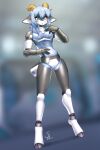 android anthro blue_eyes blue_hair blush bovid caprine goat hair hi_res horn kara_(trippledot) machine male mammal nariikhan robot robot_anthro solo standing translucent translucent_body