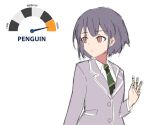  1girl bandaid bang_dream! bang_dream!_it's_mygo!!!!! brown_eyes chain's closed_mouth commentary cortisol_level_(meme) diagonal-striped_clothes diagonal-striped_necktie english_commentary green_necktie grey_hair grey_jacket holding holding_bandaid jacket meme necktie short_hair solo striped_clothes striped_necktie takamatsu_tomori 