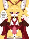 animal_genitalia animal_penis asian_clothing bedroom_eyes blush bodily_fluids bottomwear canid canine canine_genitalia canine_penis clothed clothing clothing_lift collar crossgender dripping east_asian_clothing erection female_(lore) flashing flashing_penis fluffy fluffy_tail fox ftg_crossgender fti_crossgender fur genital_fluids genitals gynomorph hi_res intersex japanese_clothing km-15 knot knotted_penis legwear long_tail looking_at_viewer lumen_(km-15) mammal miko_outfit narrowed_eyes open_mouth oral_request panties panties_down partially_clothed penis precum precum_drip precum_on_penis presenting presenting_penis red_eyes requesting seductive sex_request sheath simple_background skirt skirt_lift solo speech_bubble stockings tail underwear underwear_down upskirt yellow_body yellow_fur