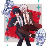  2boys :d absurdres akinashi_haru apron artist_name black_hair black_jacket black_pants black_shoes blonde_hair blue_necktie blunt_bangs border breast_pocket bright_pupils brown_cardigan cardigan chibi chibi_inset collared_shirt commentary crossdressing crossdressing_(mtf) double-parted_bangs dress dress_shoes embarrassed english_commentary enmaided eyepatch feet_out_of_frame frilled_apron frilled_dress frills full_body garter_straps grey_background grey_eyes grid_background hair_between_eyes highres hug hug_from_side jacket long_sleeves looking_at_another maid male_focus medical_eyepatch medium_hair multiple_boys necktie open_cardigan open_clothes open_jacket open_mouth outside_border pants peanut_mouth pocket red-eye_effect red_background red_necktie red_pants saihate_eki shirt shoes short_hair sidelocks simple_background sitting smile smug suit_jacket suspenders tatsunami_shion teeth thighhighs tie_clip tosteurmori upper_teeth_only white_border white_pupils yaoi 