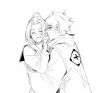  1boy 1girl bleach bleach:_sennen_kessen-hen blush commentary english_commentary haori hetero high_ponytail highres hitsugaya_toushirou japanese_clothes kurosaki_karin licking_another's_hand monochrome open_mouth ponytail scarf school_uniform serafuku silegesi smile taichou_haori wide_sleeves 